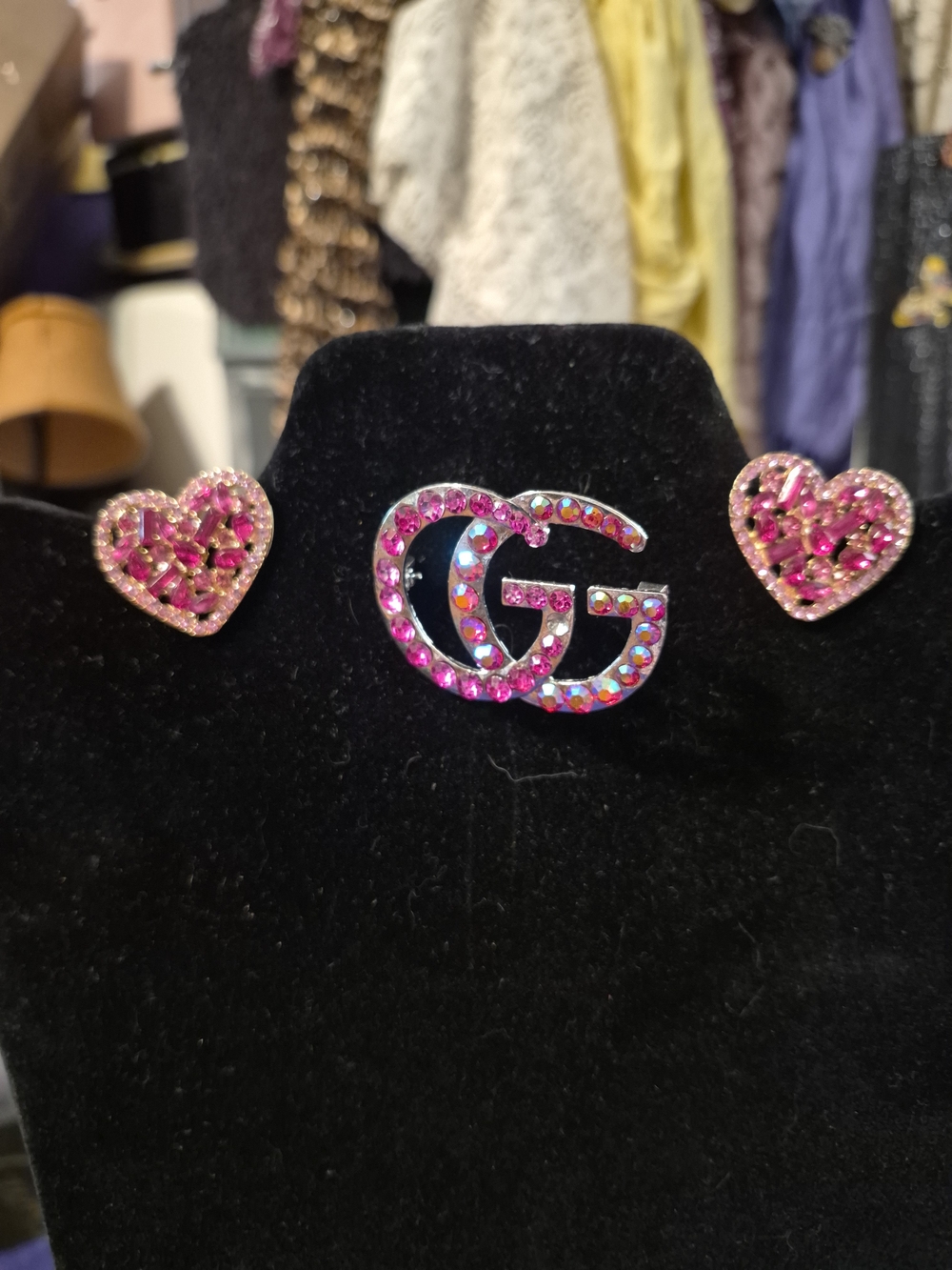 Pink Rhinestone Heart Earrings & Double G Crystal Logo Jewelry Set